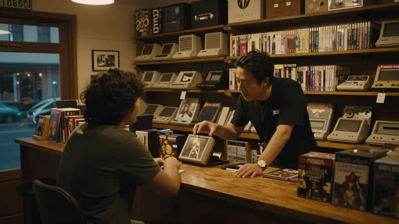 Customer negotiating with a clerk at a wooden counter inside a cozy indie game shop