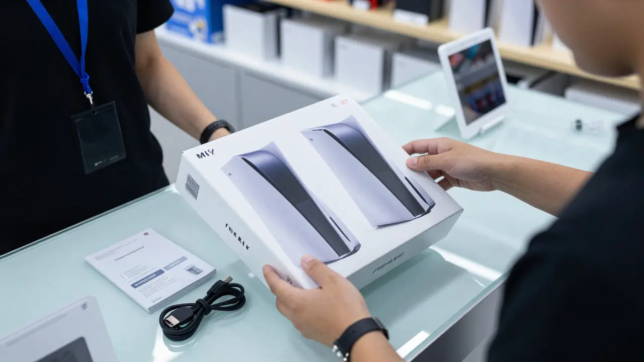 Customer presenting a complete gaming bundle to a retail employee at a counter