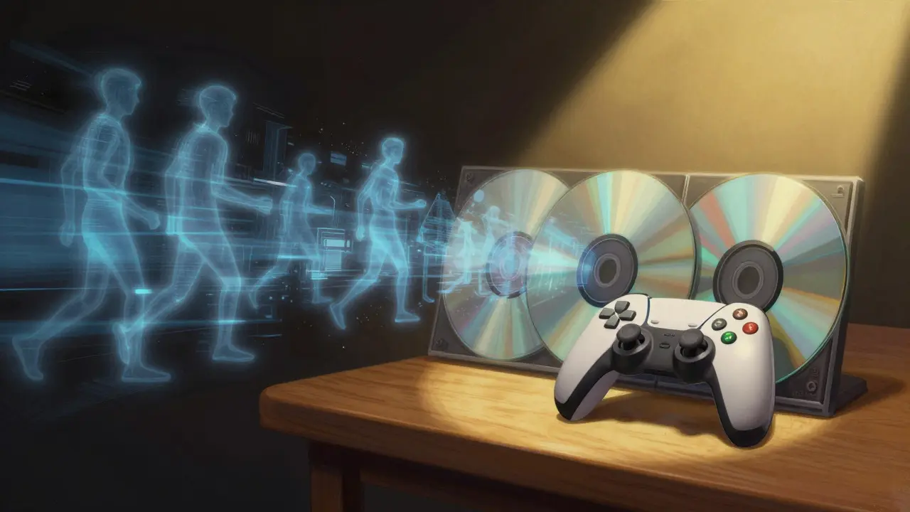 Digital ghosts fading while physical game discs remain solid under a spotlight