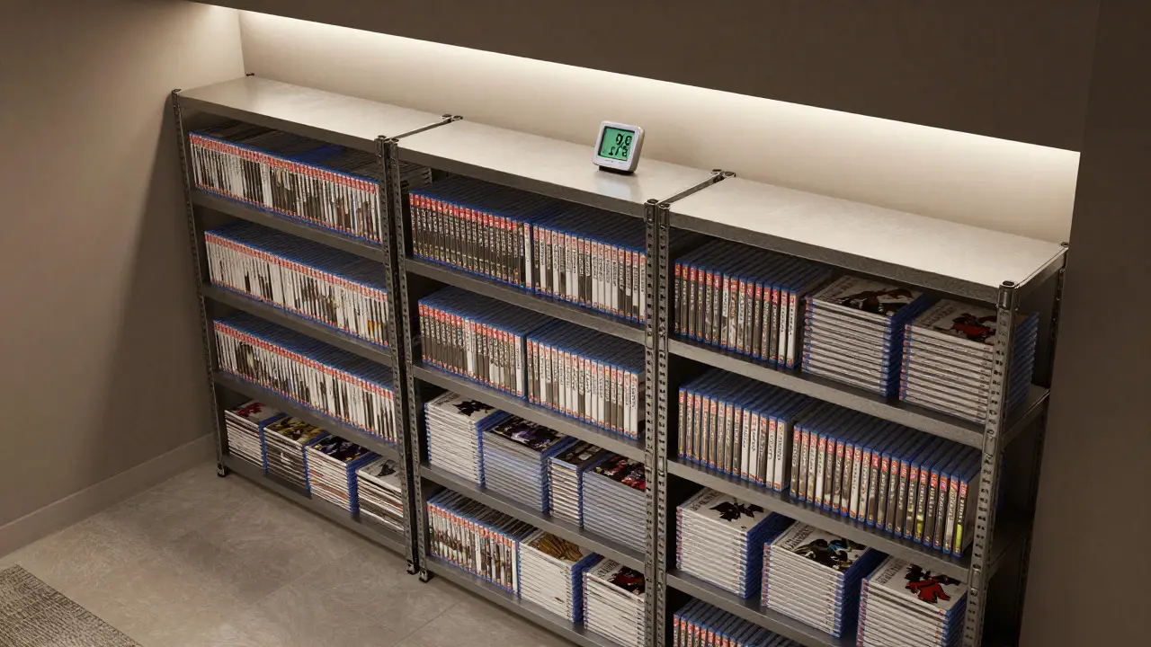 Elevated metal shelves holding games in protective cases within a climate-controlled room