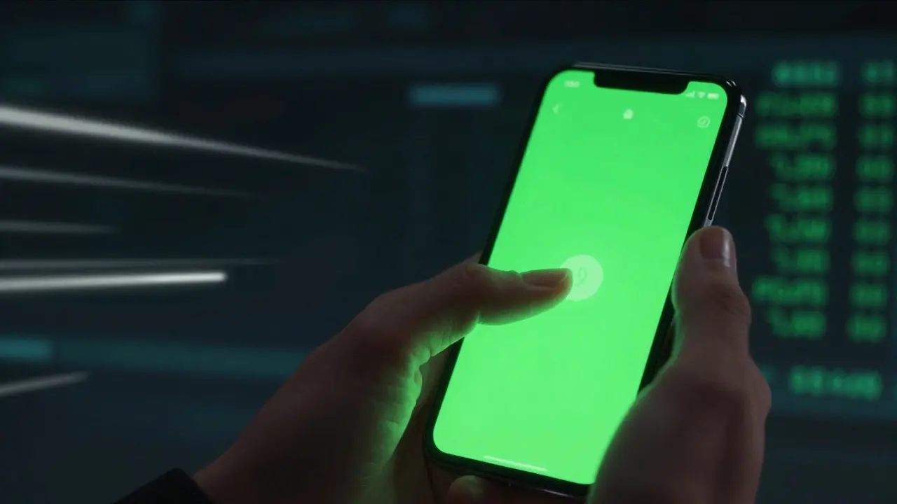 Finger tapping a smartphone screen glowing green during a final second auction bid