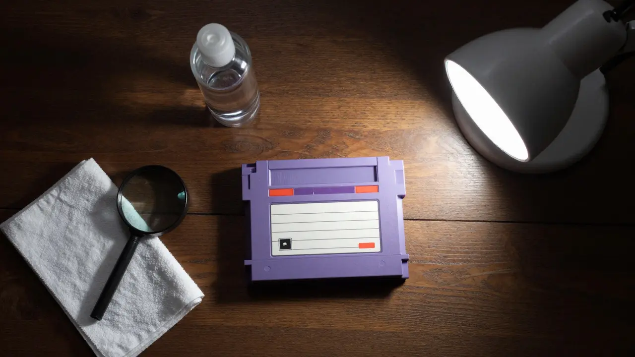 Flat lay of a game cartridge and inspection tools like a loupe and lamp on a table