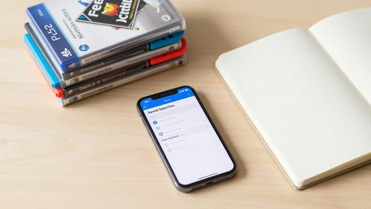 Flat lay of a smartphone, video games, and notebook on a wooden desk representing organized searching
