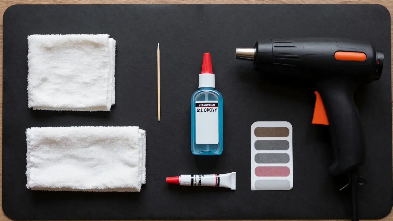 Flat lay of repair tools including glue, alcohol, and vinyl labels on a black mat