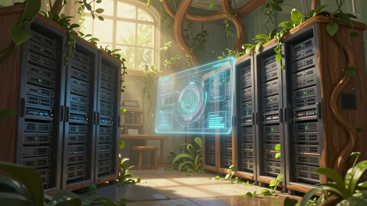 Futuristic server room designed like a green, organic library