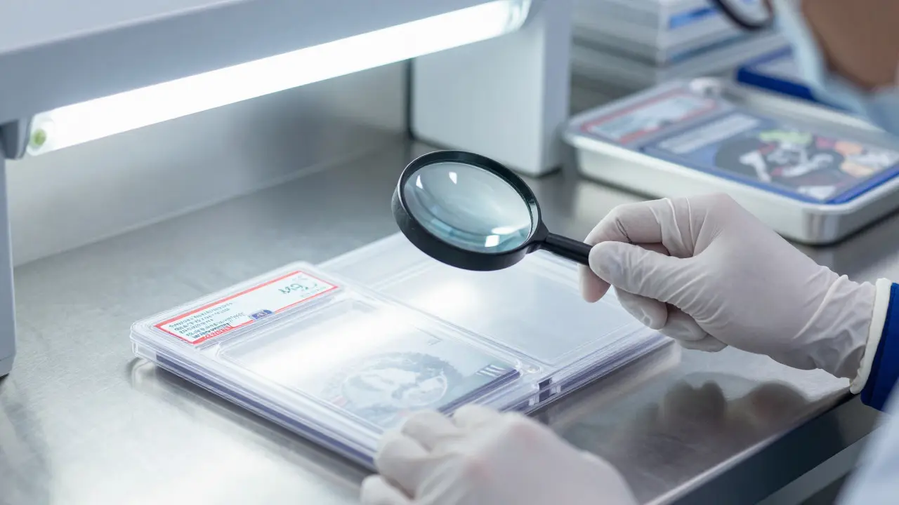 Gloved hand inspecting a video game case with a magnifying loupe in a lab