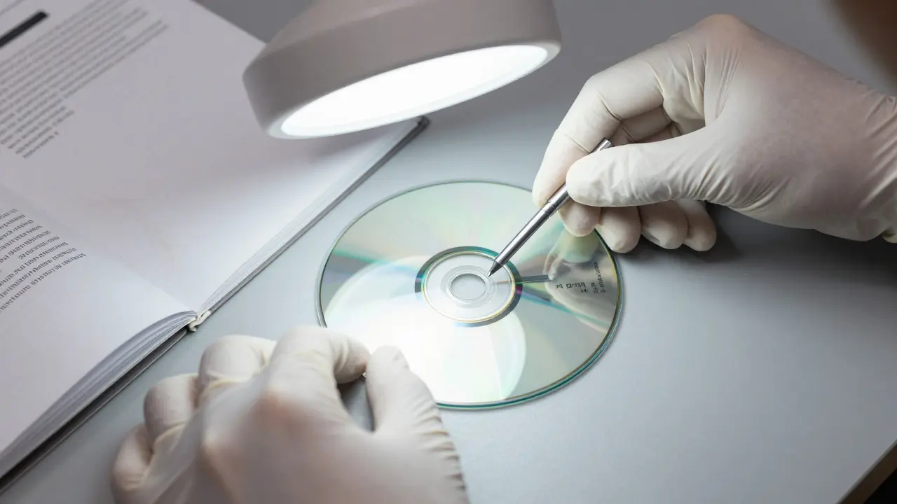 Gloved hands inspecting a scratched game disc under a magnifying lamp