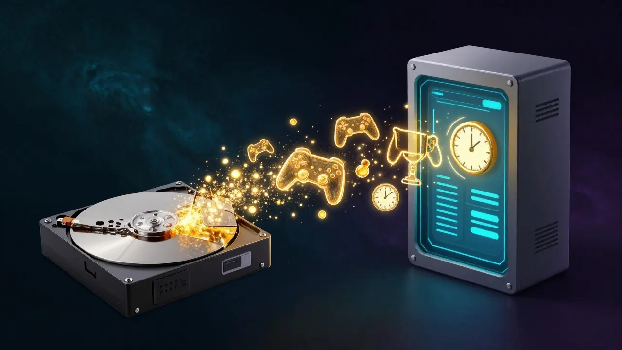 Glowing data particles flowing from a physical cartridge into a digital storage vault