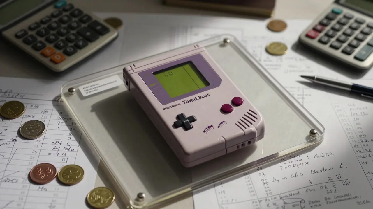 Graded Tetris cartridge surrounded by financial analysis tools