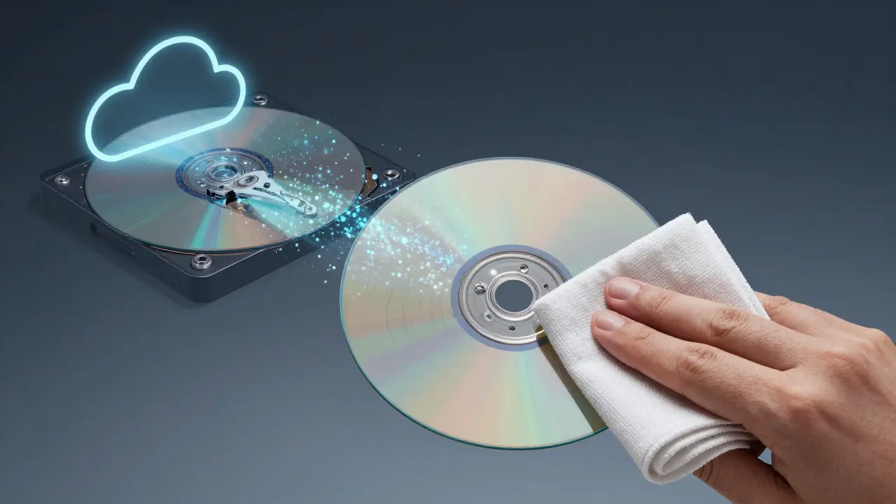 Hand cleaning a disc with a microfiber cloth while digital data transfers to a backup drive