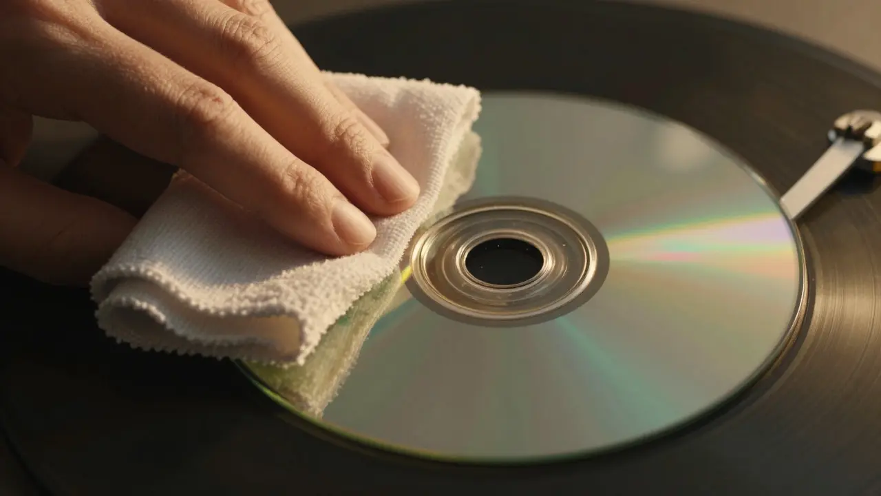 Hand cleaning a scratched optical disc with a microfiber cloth under warm light