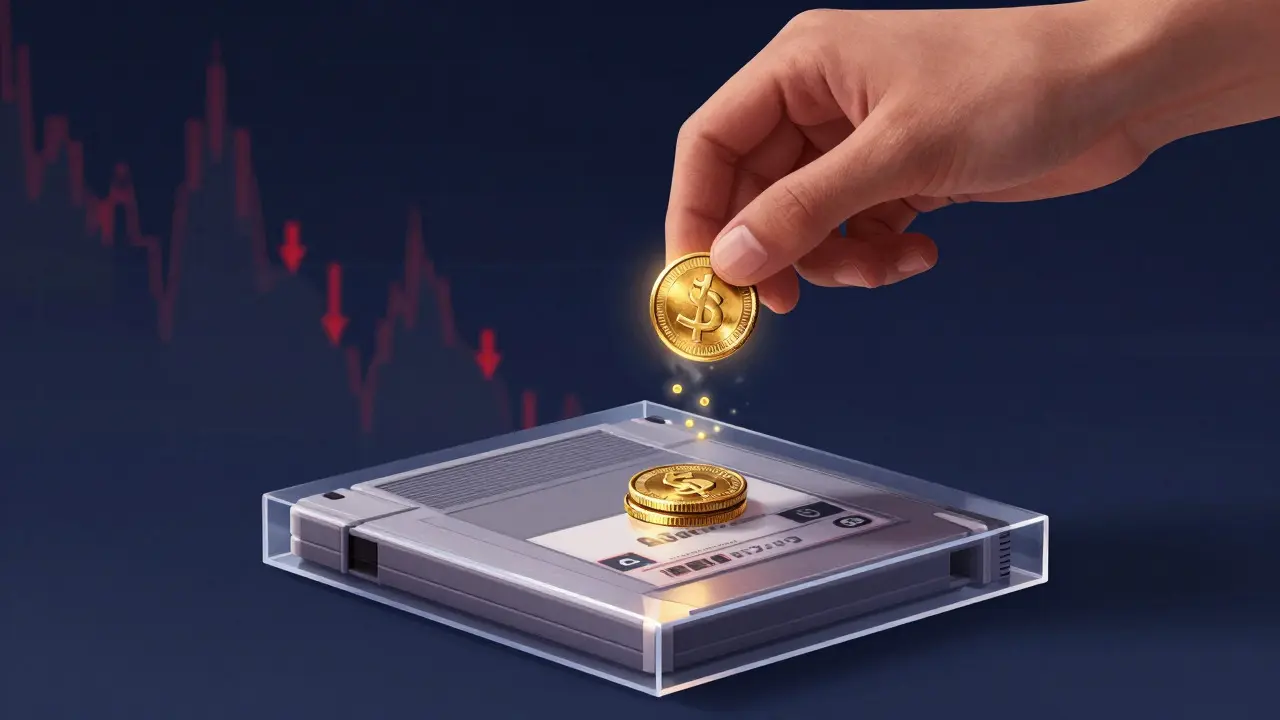 Hand holding a dissolving gold coin above a graded game slab