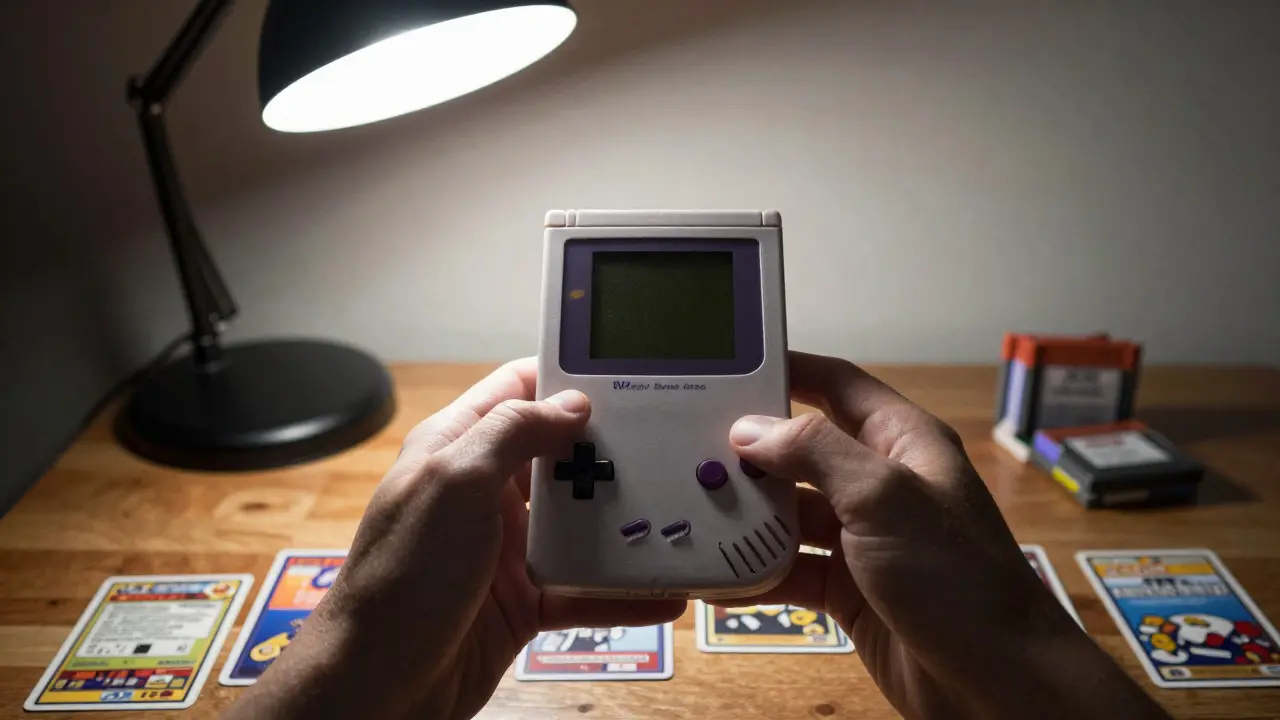 Hand holding a vintage handheld game console under a desk lamp