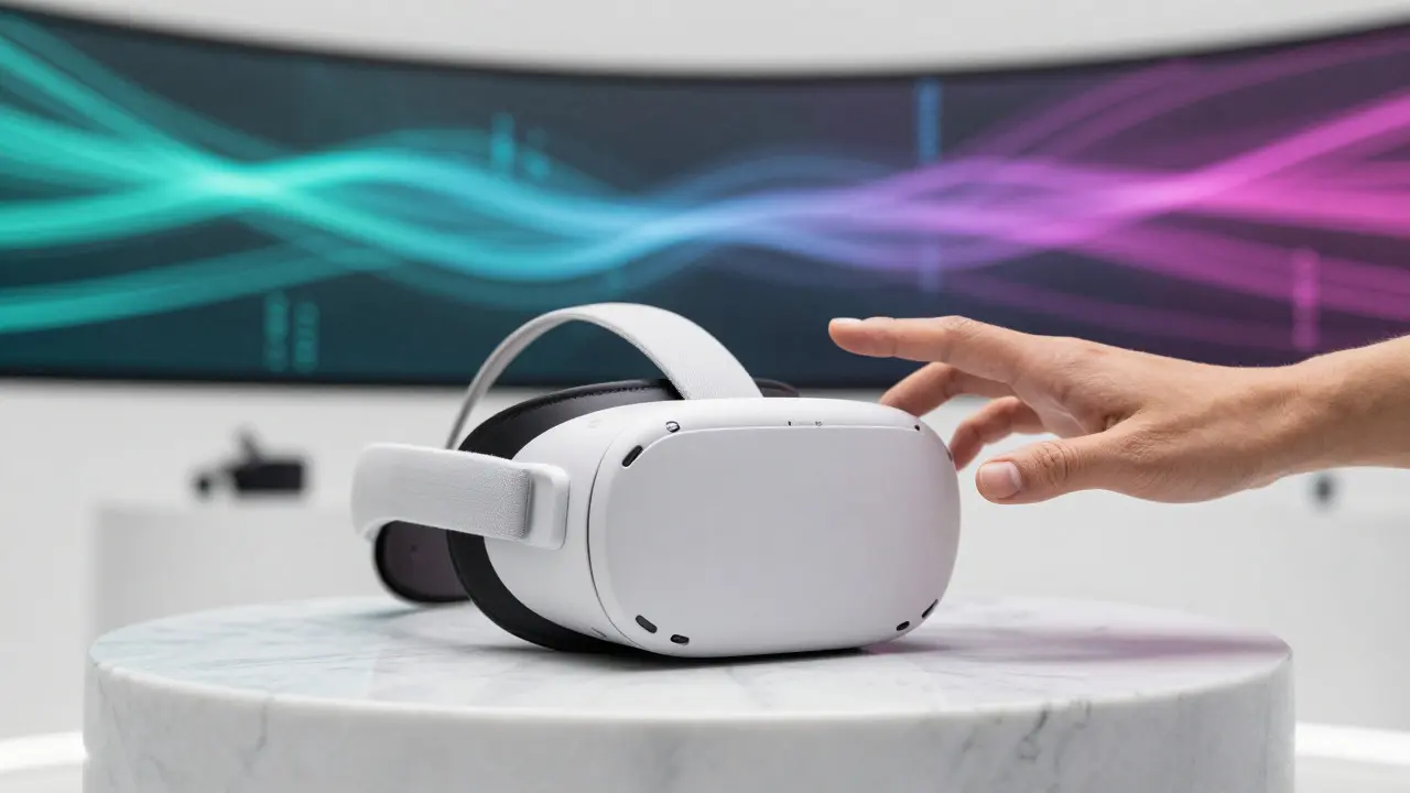 Hand reaching for a VR headset with abstract digital background