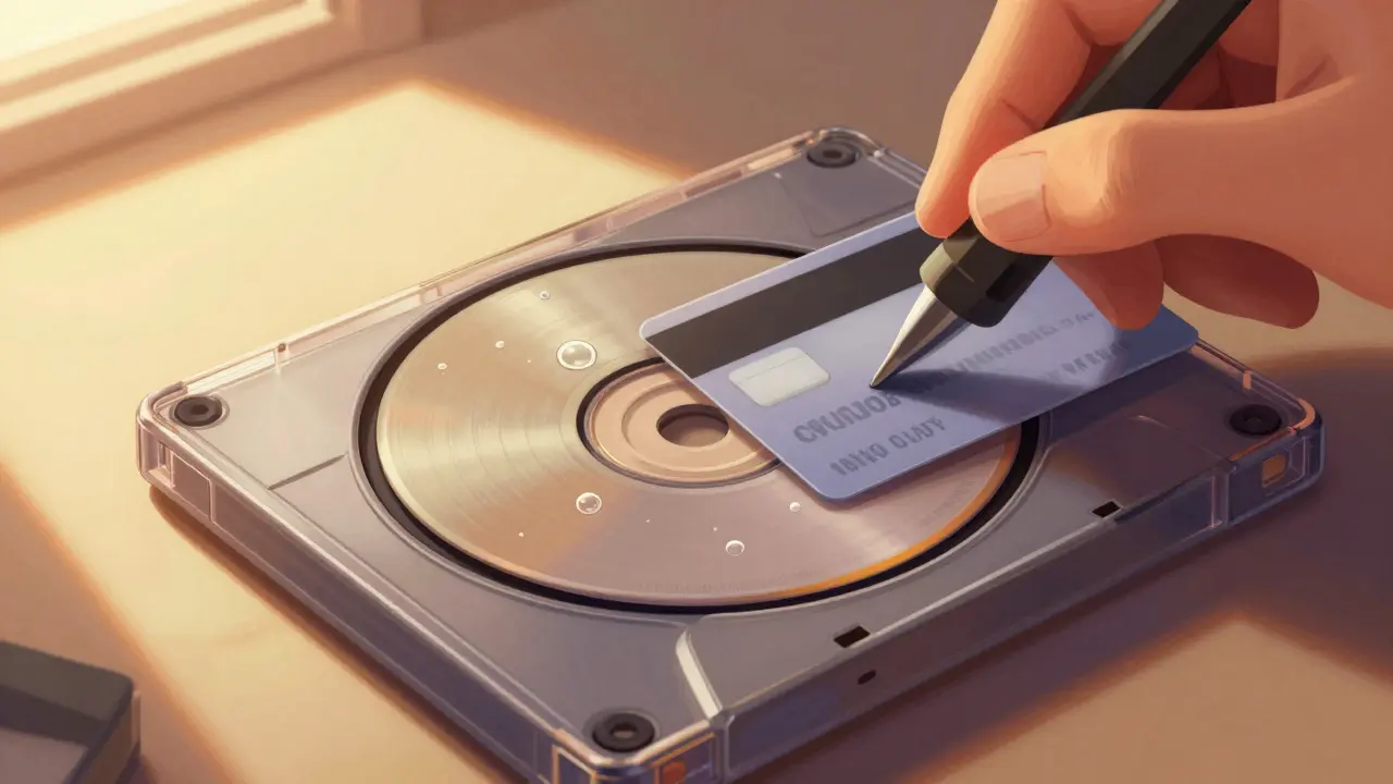 Hand smoothing a new vinyl label onto a game cartridge shell with a credit card