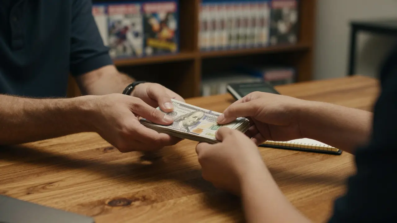Hands exchanging cash over a table with video game shelves in the background