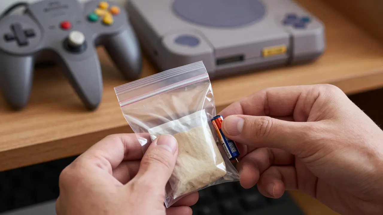 Hands placing a controller in a ziplock bag with desiccant