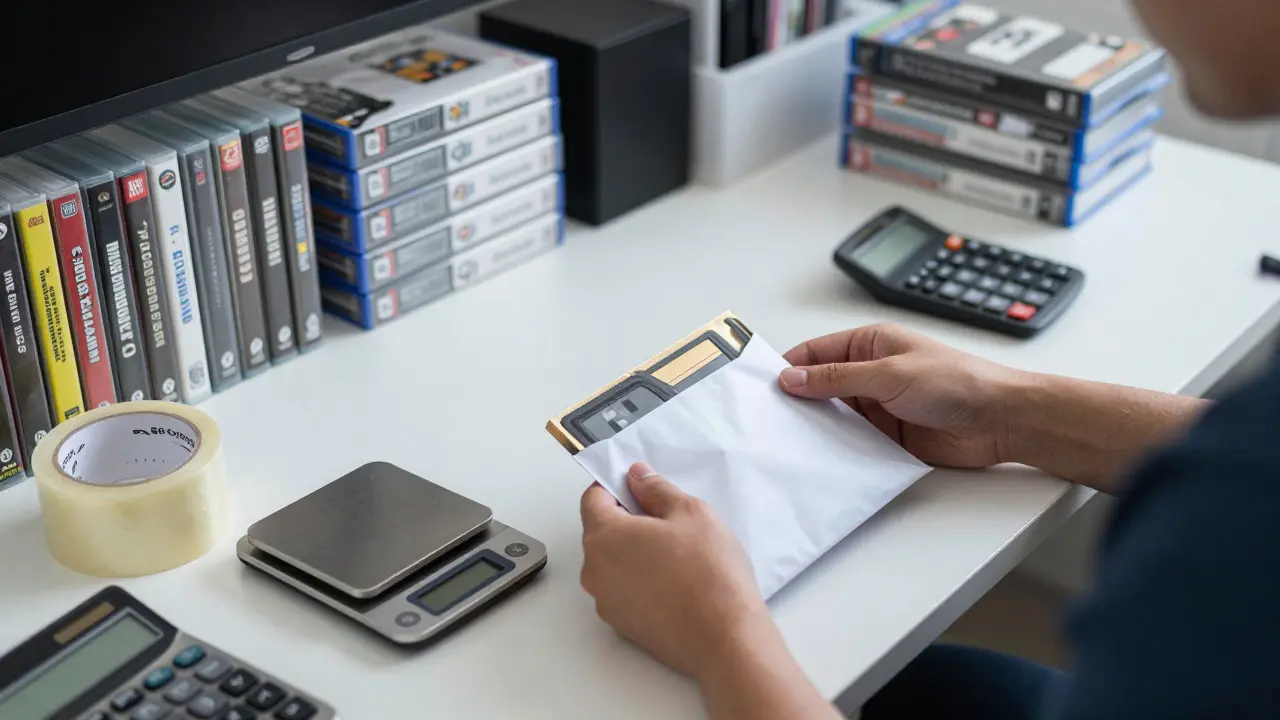 Hands sealing a game package in a tidy home office workspace