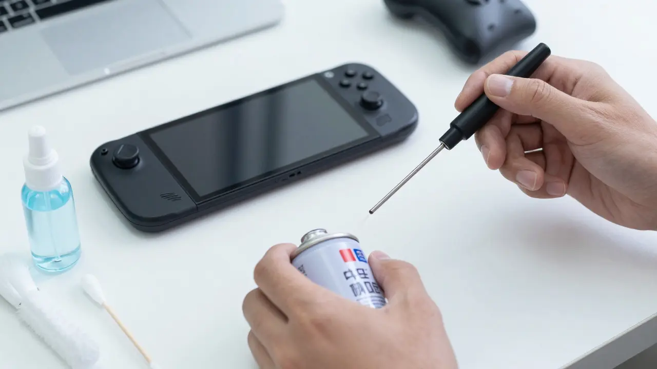 Hands using compressed air to clean a gaming handheld device on a workbench