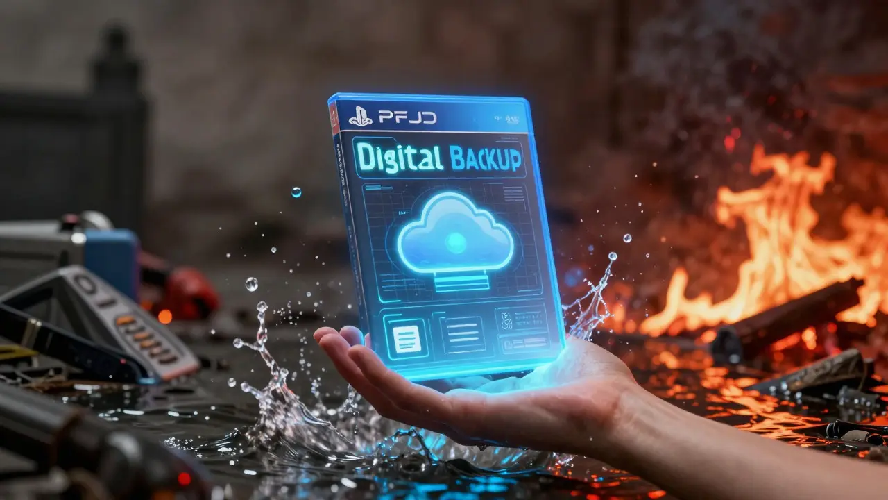 Holographic game case floating above abstract representations of fire and flood