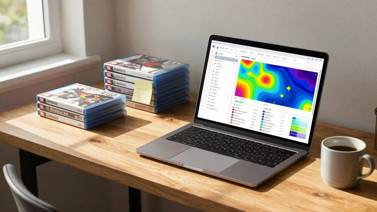 Home office desk with laptop showing data dashboards and a stack of video games