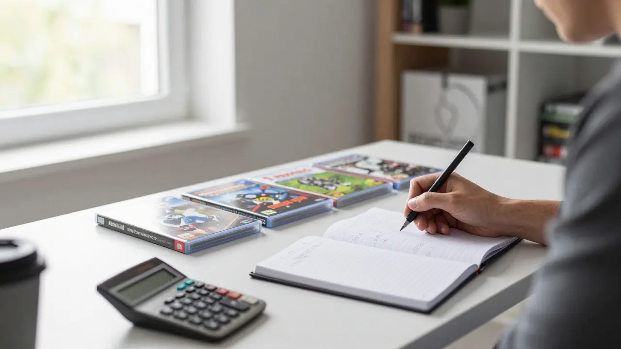 Home office desk with notebooks, calculator, and organized video game cases