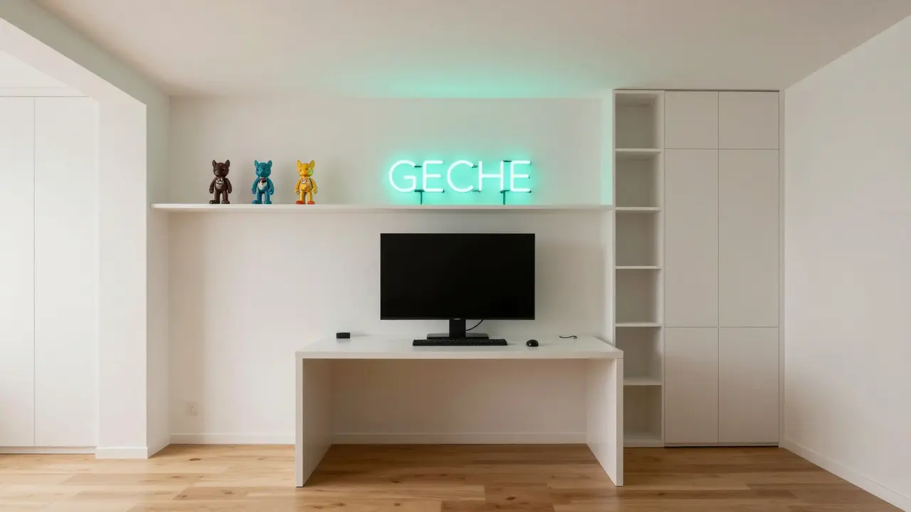 Hybrid gaming space featuring a neutral base, sleek desk, and a single bold neon sign accent.