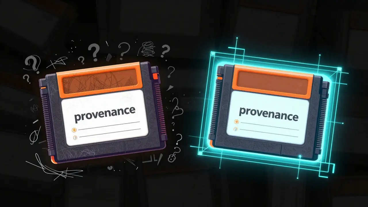 Illustration comparing an undocumented game cartridge with a verified, glowing one
