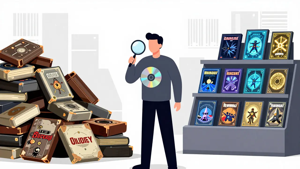 Illustration contrasting piles of common games with rare collectible items