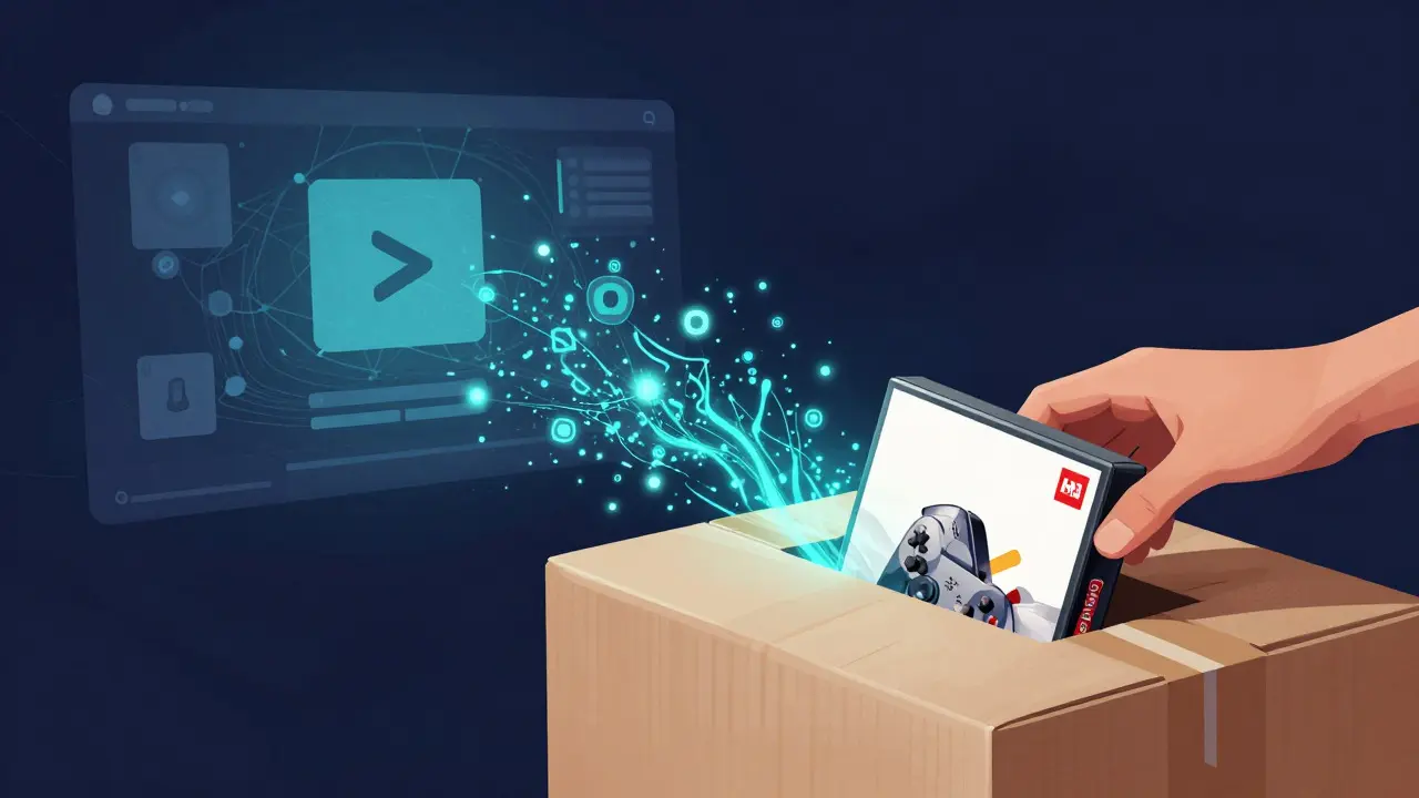 Illustration of a game box being packaged and sent to a digital audience
