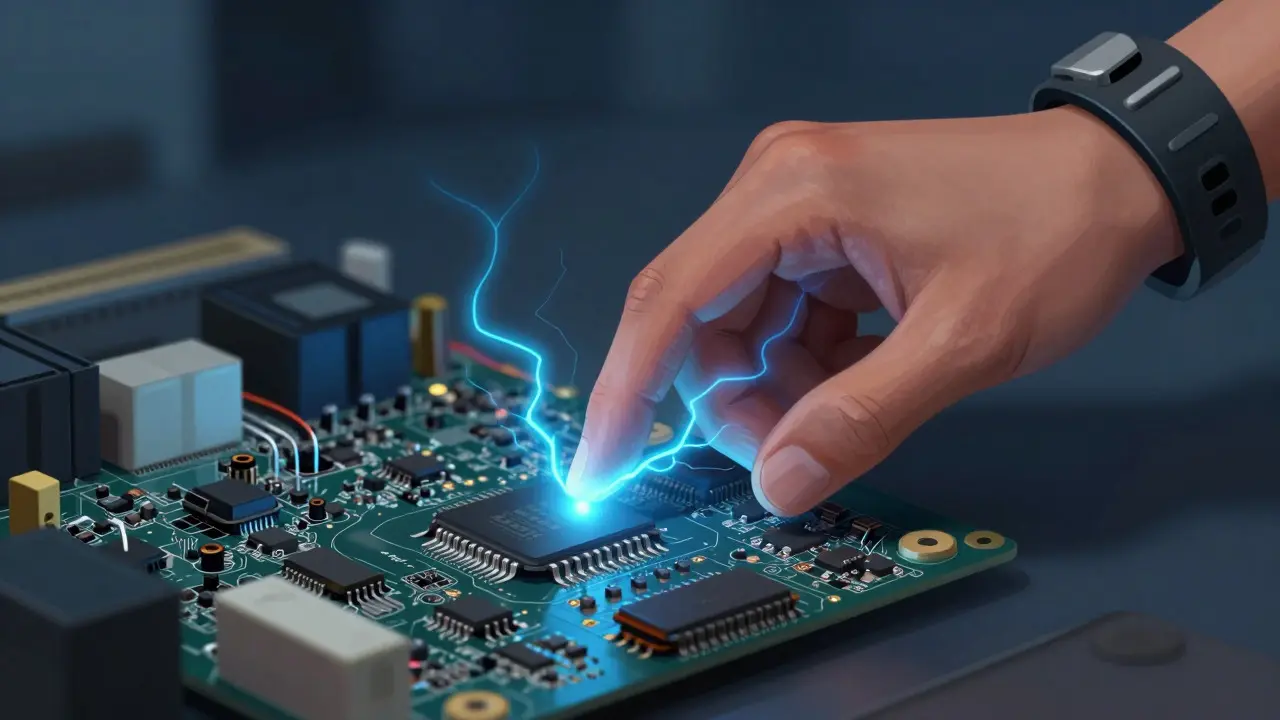 Illustration of a hand with anti-static strap near a chip showing visualized static electricity