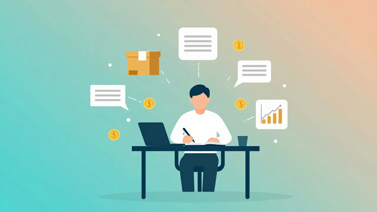 Illustration of a person tracking business data with floating icons around them