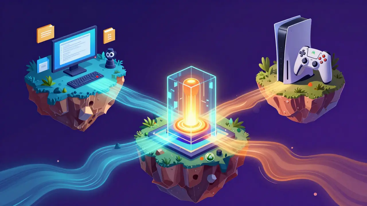 Illustration of data flowing from PC, PlayStation, and Xbox consoles into a central cloud vault