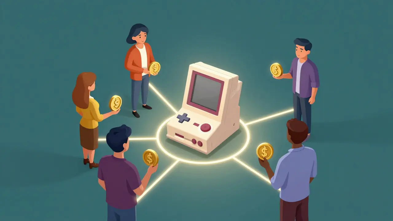 Illustration of five collectors connected around a central game console
