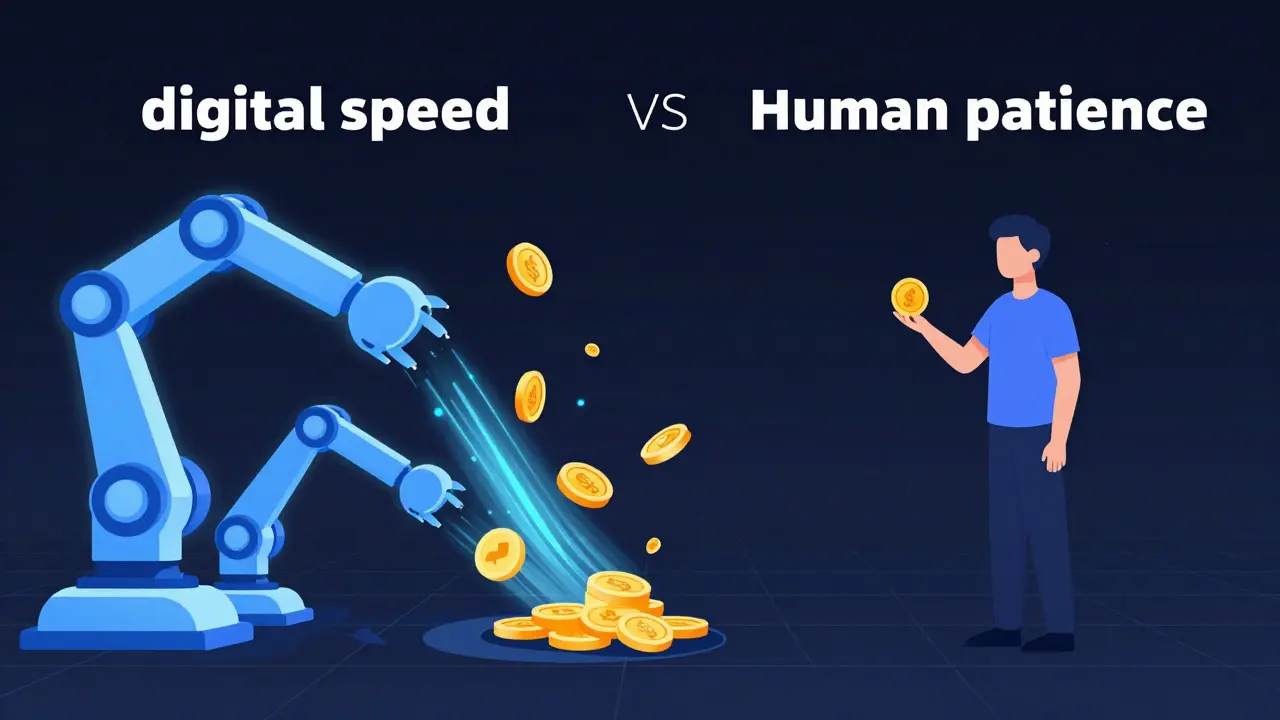 Illustration of robotic arms snatching items faster than a human