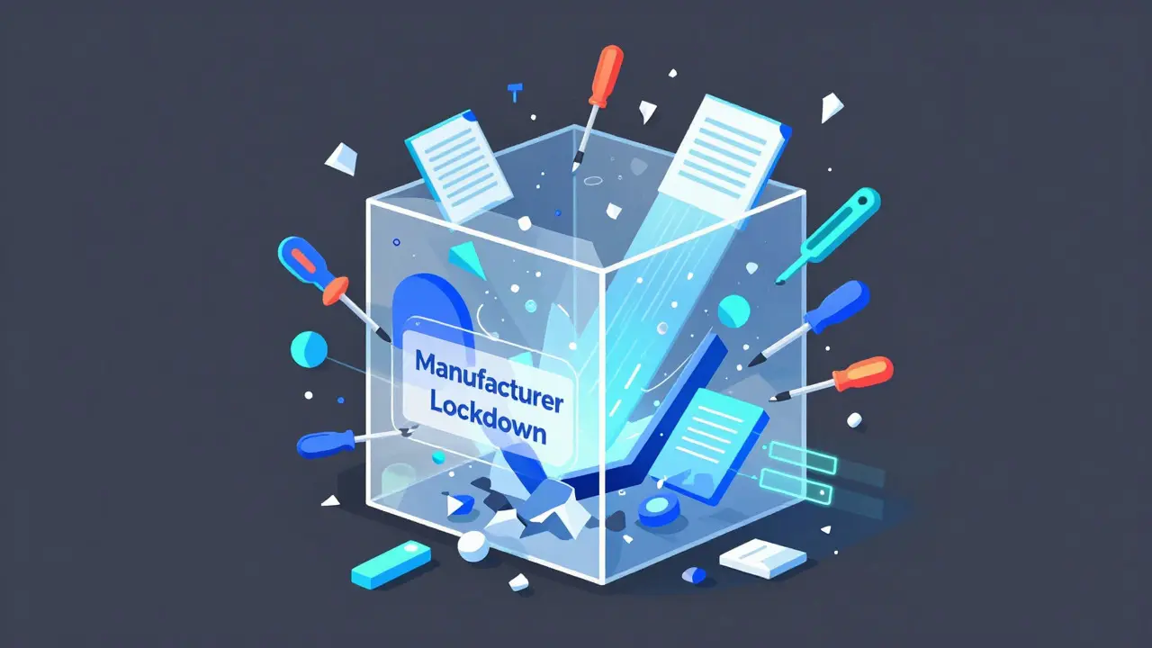 Illustration of shattered barriers revealing repair tools and data streams