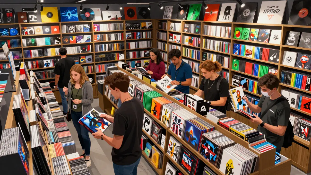 Inside a hybrid store where collectors browse shelves filled with themed physical media