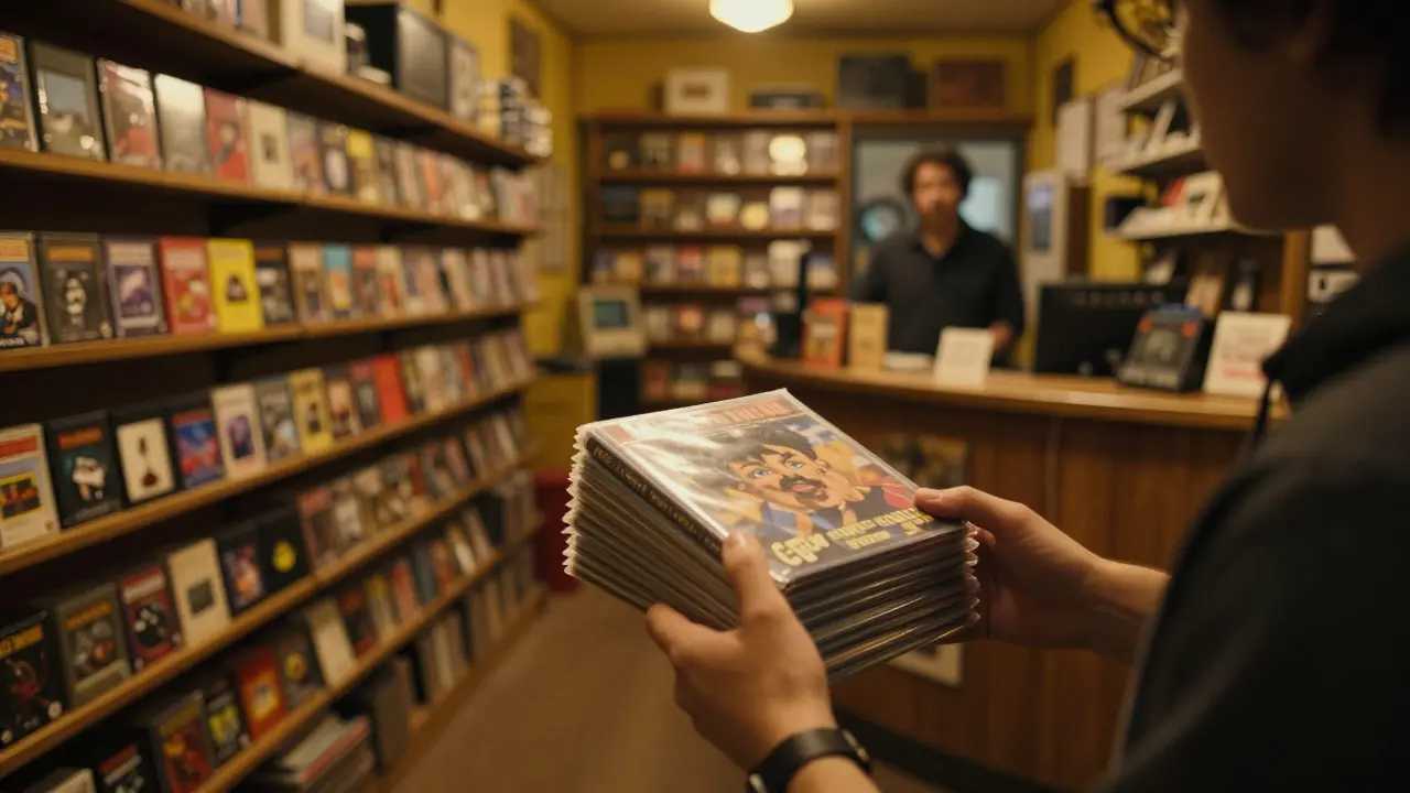 Inside a retro game store, hands holding organized game cases ready for sale at the counter