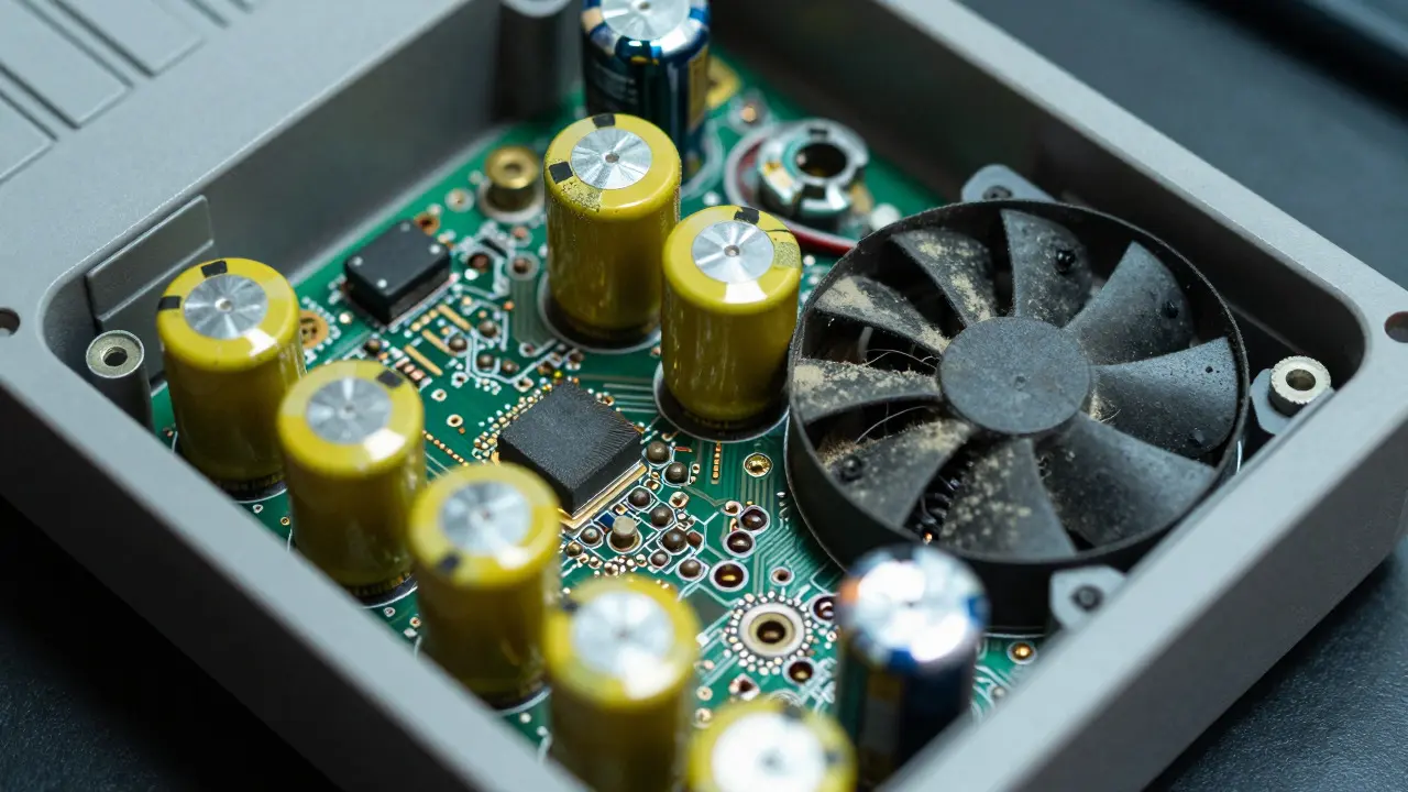 Internal view of a console showing worn capacitors and dust