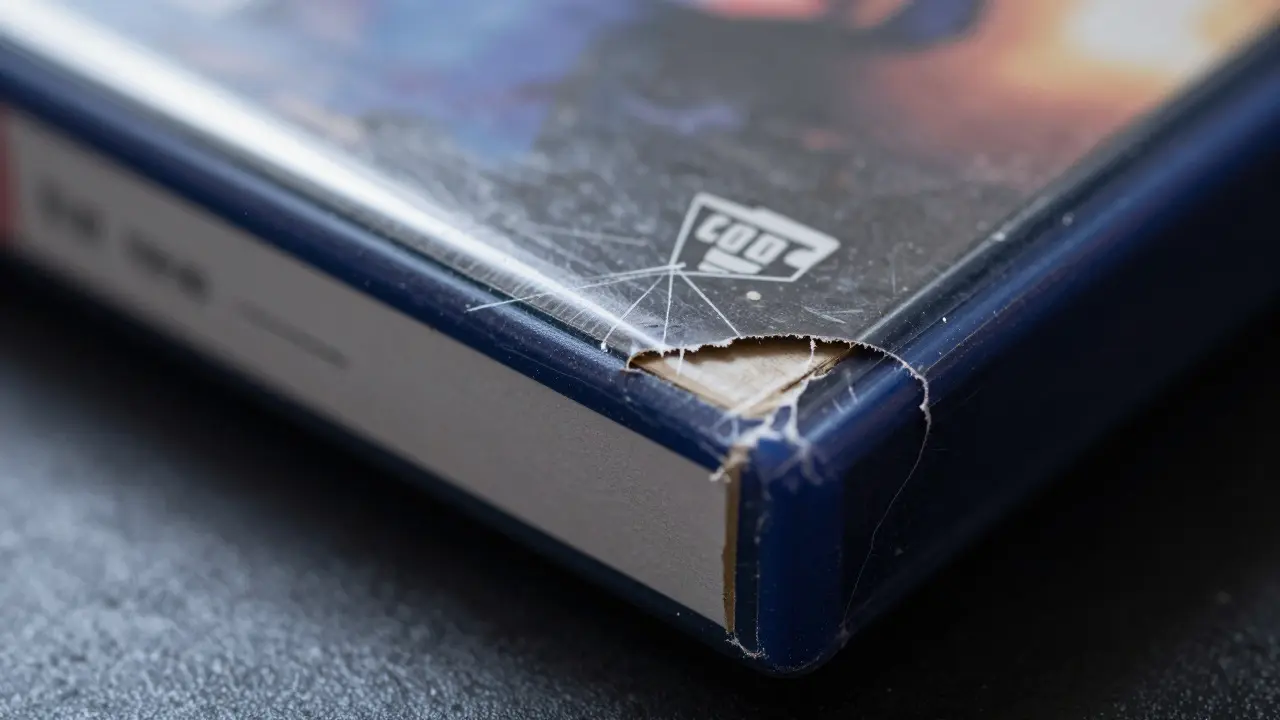 Macro view of a deep scratch and tear on a worn video game box corner under bright light