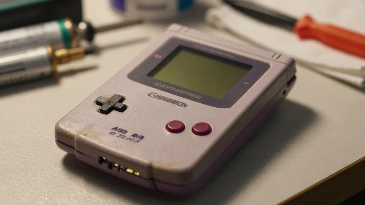 Macro view of a Game Boy Advance cartridge showing pins, hinge, and plastic texture