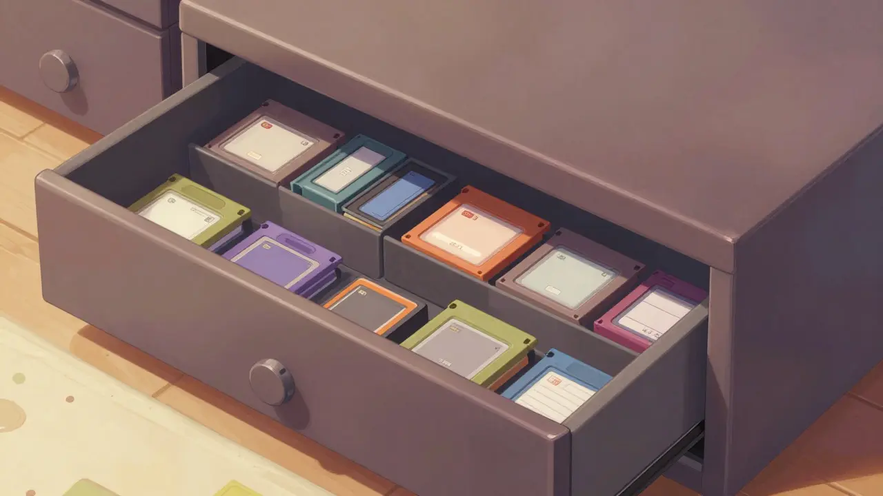 Matte-finished drawers with lidded bins organizing small game cartridges securely