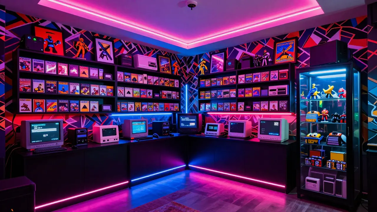 Maximalist gaming room filled with RGB lights, retro consoles, and shelves of colorful game collections.