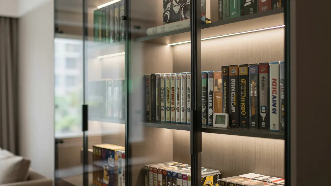 Modern display cabinet with UV-filtering glass protecting graded games