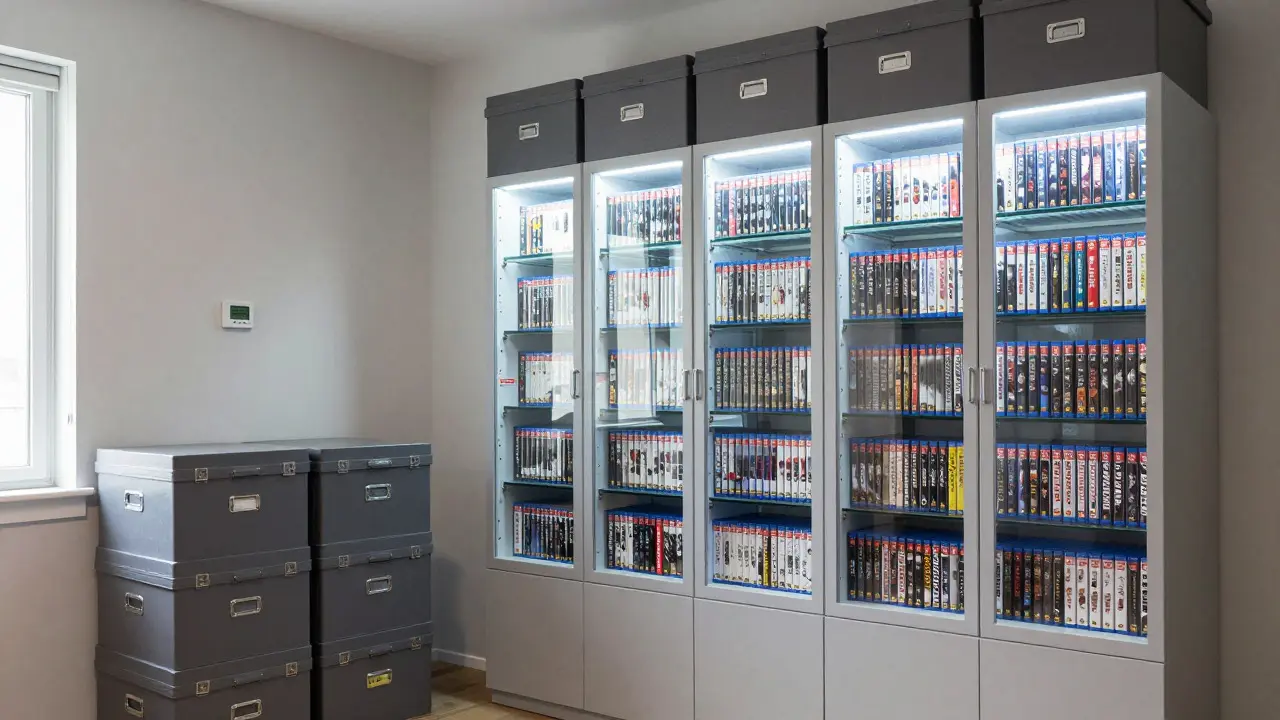 Modern game storage room with opaque boxes and safe LED lighting