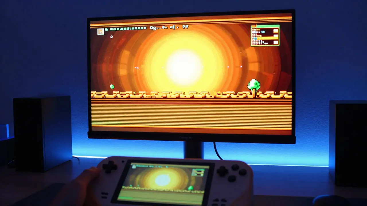 Modern gaming setup featuring an OLED monitor displaying a game with a realistic CRT shader effect.