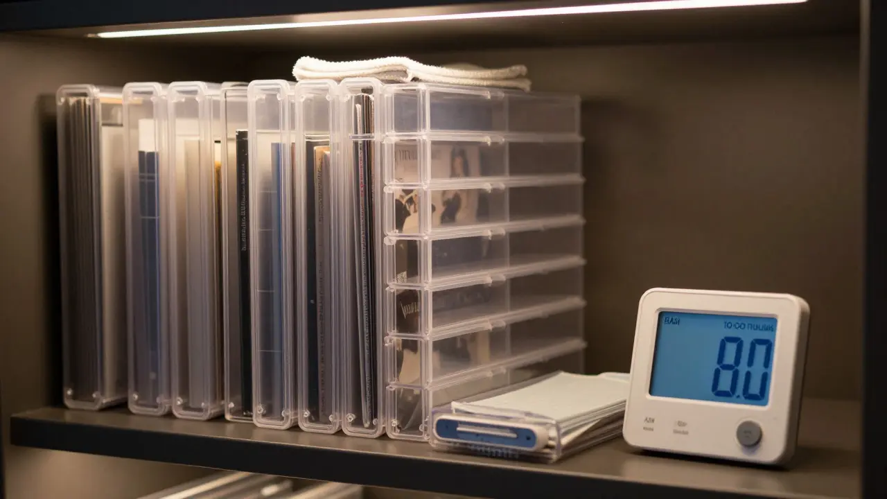 Neatly stacked game cases with a hygrometer showing ideal storage conditions