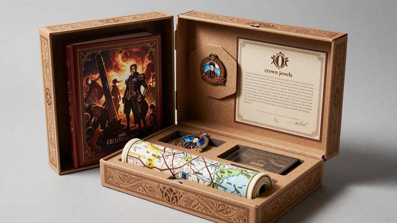 Open limited edition game box displaying art book, pin, and certificate