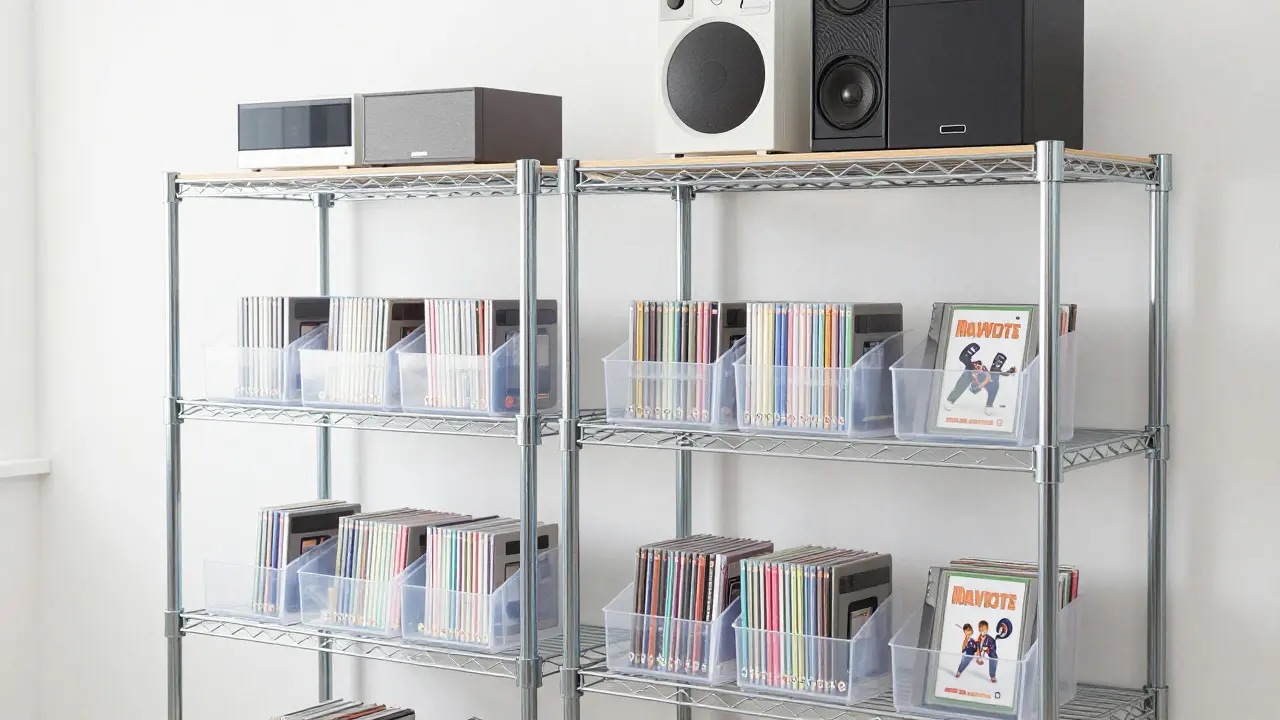 Organized metal shelving unit holding clear bins of retro games