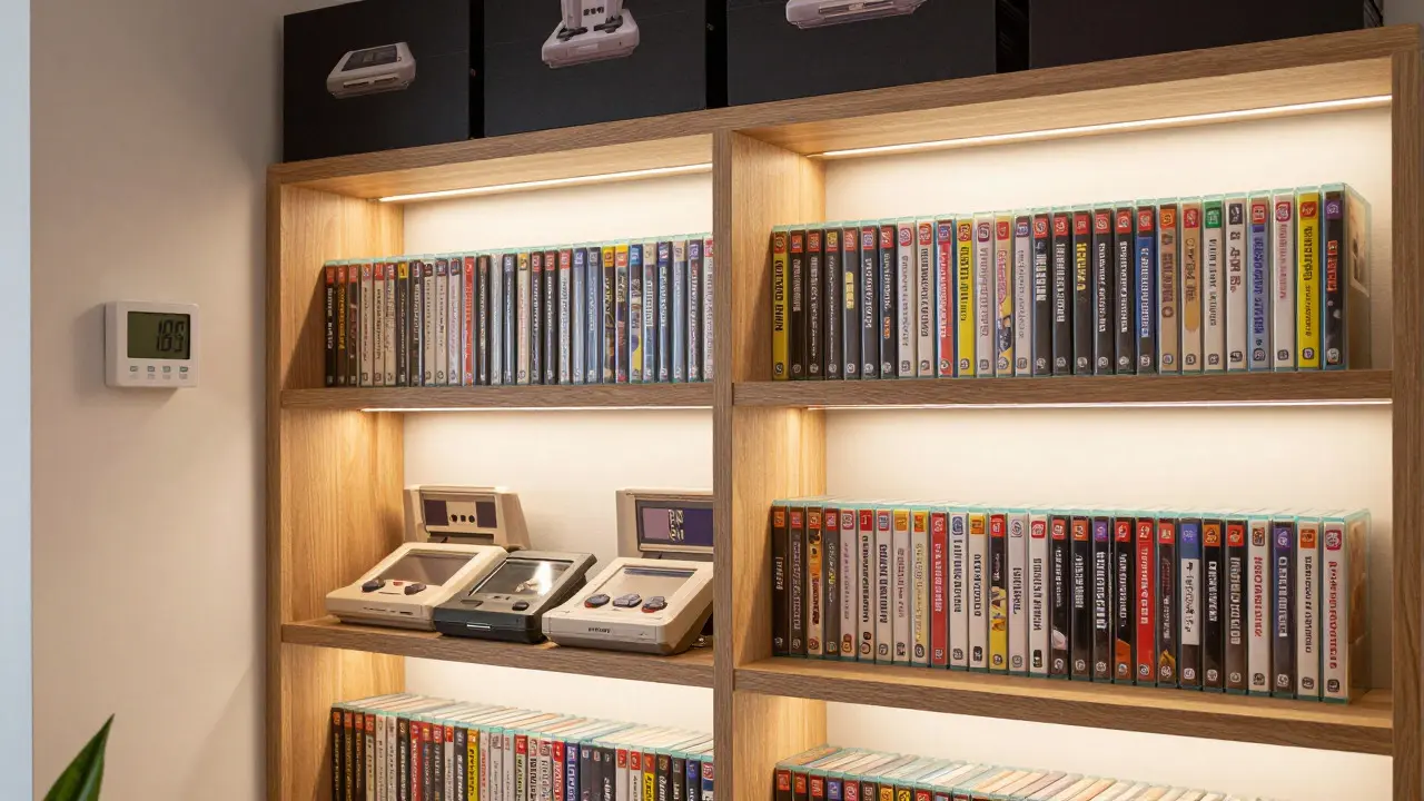 Organized retro game shelf with climate control monitors